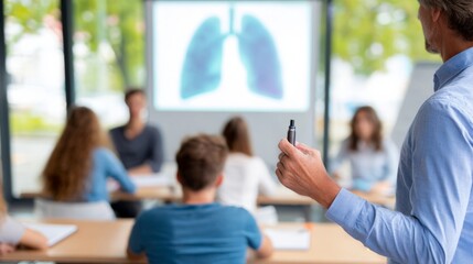 Teacher's hand holding a vaporizing cigarette in front of a blurred classroom with students and a projected lung image