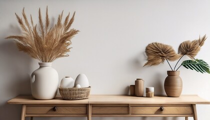 scandinavian calm interior design with wooden console table