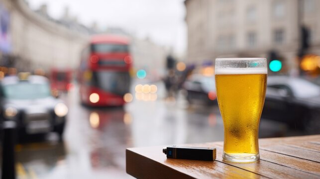 Refreshing cold beer on a wet outdoor pub table, busy london street traffic with a red bus and taxi background