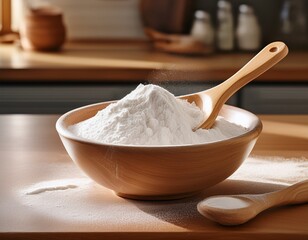 white powder in bowl with wooden spoon on kitchen counter