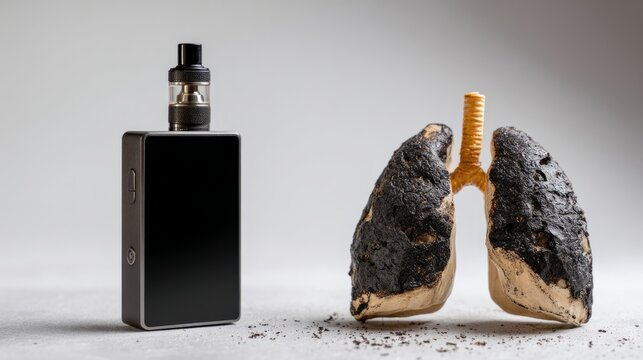 Vaping device causing lung damage, showing the health risks and harmful effects of e cigarettes and nicotine addiction