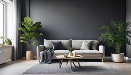 stylish minimalist living room with a dark gray wall light sofa modern coffee table green plant and bright window conveying contemporary home design