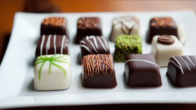 Gourmet chocolate pralines assortment on a white plate
