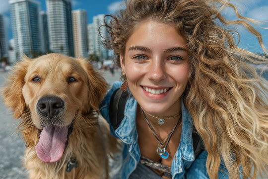 Promenade avec chien , ma&icirc;tre heureux marchant avec son golden retriever en ext&eacute;rieur, moment complice, lifestyle naturel et positif