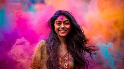 A beautiful Indian woman with long hair, happy and smiling