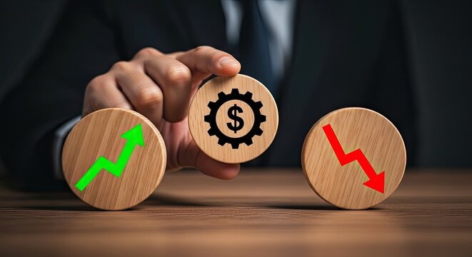 Business hand holding dollar gear, growth up and decline down