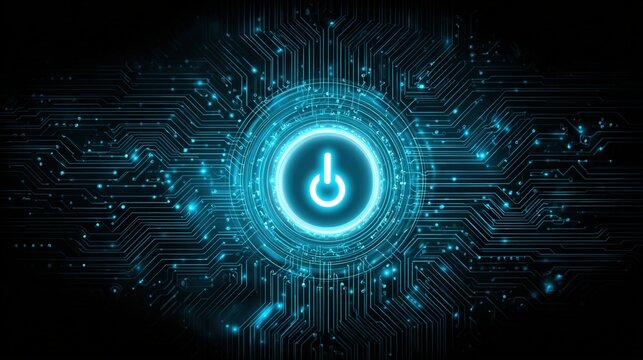 Digital Glowing Power Button with circuitry pattern, Symbolizing Technology, Energy, and Innovation. - Powered by Adobe