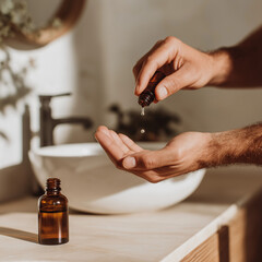 Man pouring essential oil drops on wrist