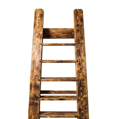 Rustic Wooden Ladder Isolated on Black Background Featuring Natural Wood Grain Texture and Weathered Appearance