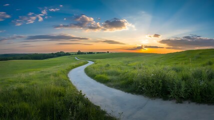 Obraz premium Winding path through green rolling hills at sunset