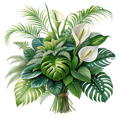 Fototapeta premium Tropical flower bouquet with calla lilies and monstera leaves isolated on transparent background