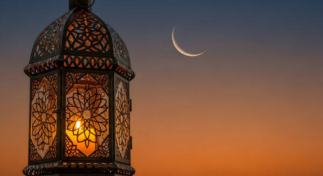 An ornate Ramadan lantern glows warmly against a beautiful twilight sky with a crescent moon.