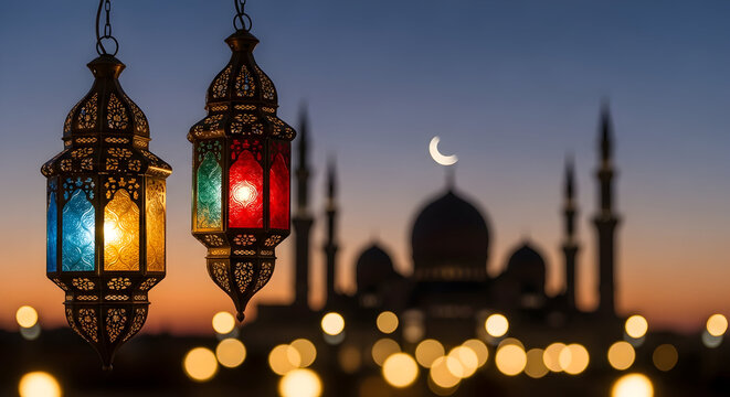 Colorful hanging Ramadan lanterns glowing at dusk with a mosque and crescent moon in the background.