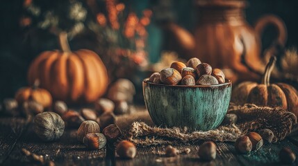 Harvest bounty featuring hazelnuts in a rustic bowl surrounded by autumnal gourds and dark background elements