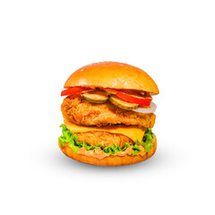 Chicken burger with pickles on a white background