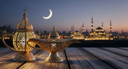 Traditional golden Ramadan lanterns and an Aladdin lamp with a mosque and crescent moon in the background at dusk.