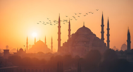 Silhouettes of majestic mosques and minarets in Istanbul against a hazy, golden sunrise sky with a flock of birds.
