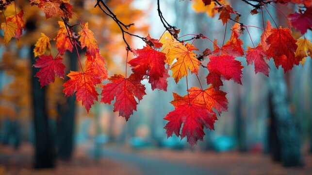 fall leaves in park, autumn blurred natural background.