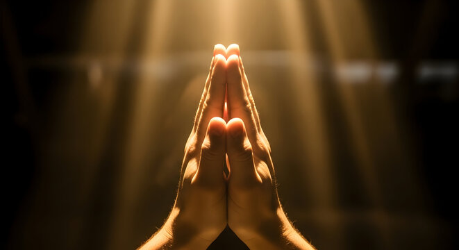 A pair of hands clasped together in prayer under dramatic golden light beams from above.