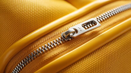 Close up of a metallic zipper on a yellow fabric surface