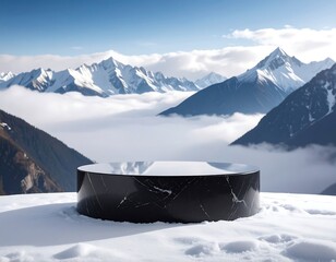 A sleek, marble platform sits in a snowy landscape, overlooking a sea of clouds and majestic, snow-capped mountains. The sky is bright blue
