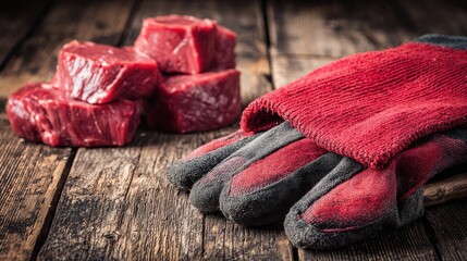 Raw, thick cuts of meat rest beside heavy-duty work gloves on a rustic wooden surface.