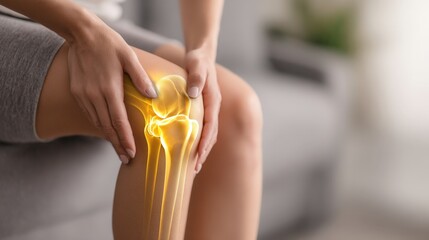 Closeup of a woman gripping her knee in pain with a semitransparent illustration of the knee joint glowing in yellow to highlight the affected area on a sof.