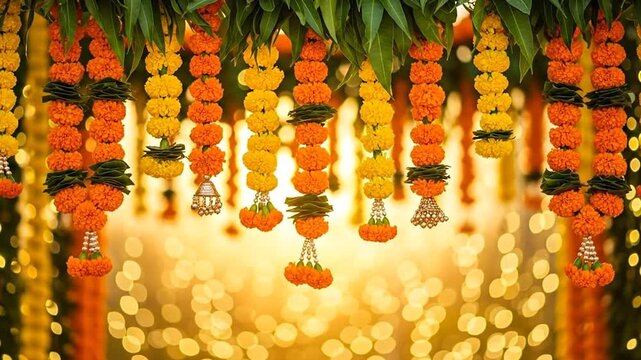 Hanging Flower Garlands Decorating for Celebration with Bokeh Light Background