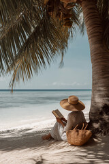 Woman in sunhat reading a book under palm tree