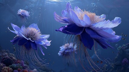 Vibrant sea anemones with delicate tentacles pulse in deep blue ocean water. Sunlight rays pierce the aquatic depths, illuminating these colorful marine invertebrates on a reef. Life thrives.