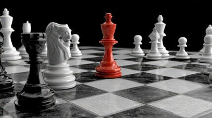 Highly detailed close up of a dramatic chess match setup with one brightly colored piece dominating the composition