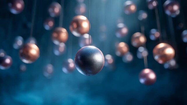Mysterious metallic spheres in copper, silver and blue hang and gently sway on thin strings in a dark, atmospheric scene with soft blue light rays and shallow focus, abstract background