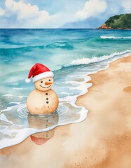 A charming sandy snowman wearing a Santa hat celebrates a tropical Christmas on a sunny beach with turquoise waves