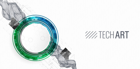 Abstract data background with wireframe wave and circuit lines. Technology concept. Vector