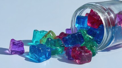 Colorful translucent molded confectionery spills from a clear glass container onto a light surface