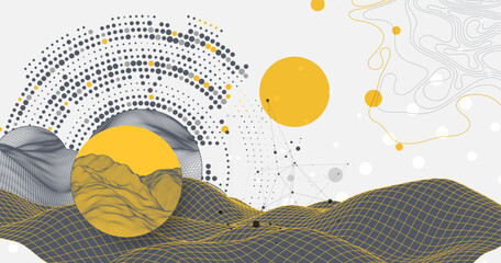 Abstract wireframe background. Modern science or technology art elements. Surface illustration inside circles