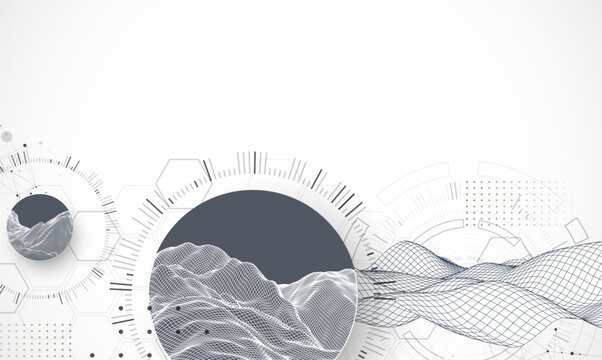 Abstract composition with wireframe wave and technology circles. Vector