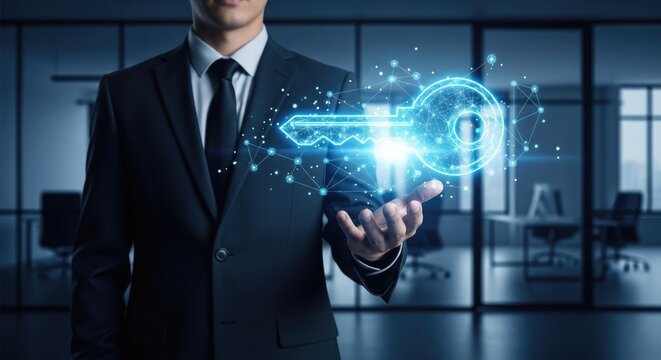 Businessman presenting a glowing digital key for secure solutions.