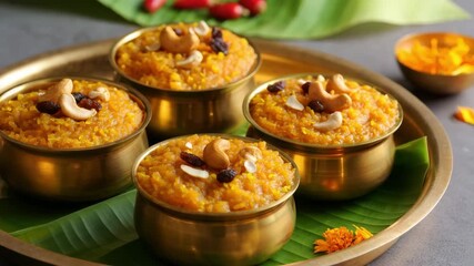 Traditional Sakkarai Pongal served in brass bowls on banana leaves during Tamil Pongal festival, symbolizing abundance, gratitude, and the celebration of a prosperous harvest season