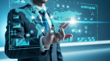 Futuristic businessman interacts with a glowing digital world map interface, symbolizing global connectivity and advanced technology - Powered by Adobe