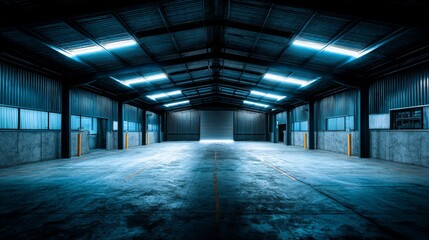 Wide angle shot of an empty warehouse, perfect space for commercial use. Industrial interior features high ceilings, roller door and natural sunlight making it suitable for storage or distribution.