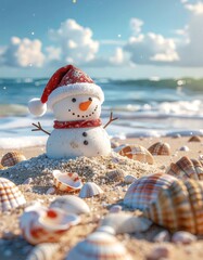 Sandy snowman enjoying a beach day with seashells, a unique and festive Christmas scene
