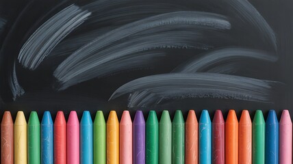 Row of colorful crayons laid out in front of a chalky blackboard