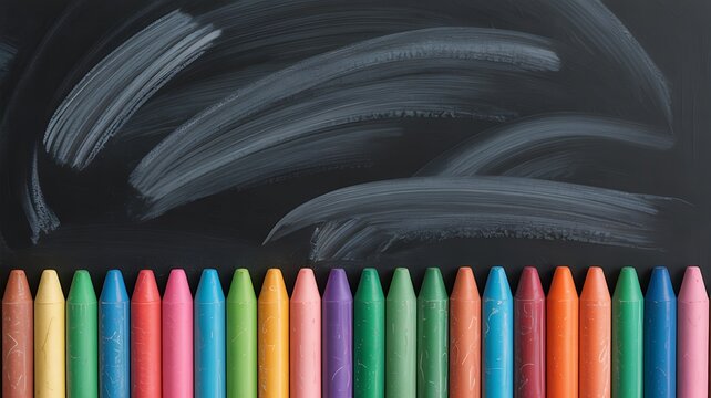 Row of colorful crayons laid out in front of a chalky blackboard - Powered by Adobe