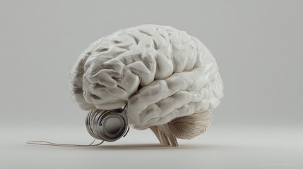 Three dimensional rendering depicts a pale human brain model connected to a small metallic implant device.