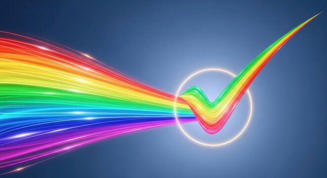 Vibrant rainbow check mark with luminous circle, symbolizing success and positivity