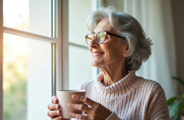 Happy senior woman looks outside window. Elderly lady holds coffee cup in hands enjoying morning at home. Smiling older female smiles at the sunlight during retirement