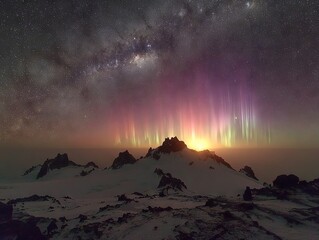 Shimmering polar lights rise behind icy mountain peaks as the Milky Way arches overhead, blending cosmic radiance with the stark stillness of a frozen landscape