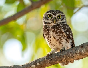 A small spotted bird of prey with large yellow eyes perched on a brown tree branch. The background is blurred green