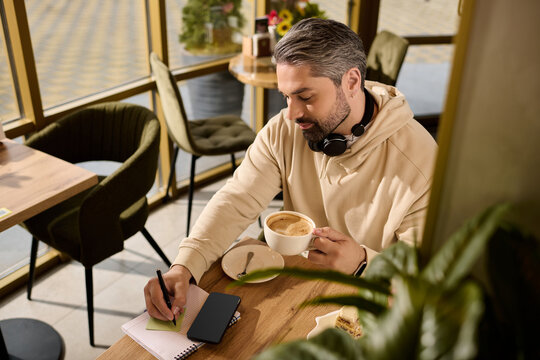 Mature man enjoying a coffee while writing notes at a stylish cafe during the day - Powered by Adobe